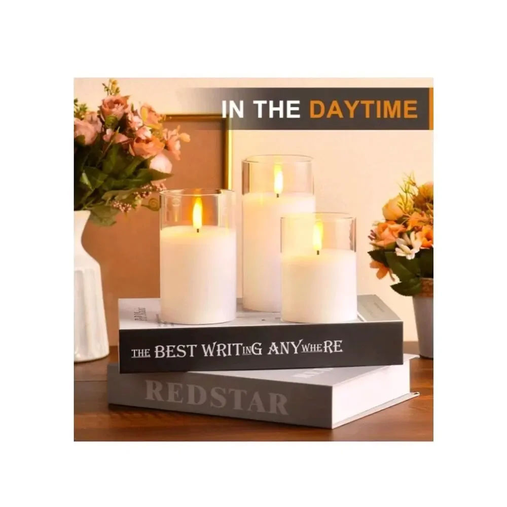 Glass Battery Operated LED Pillar Flameless Candles With10-Key Remote and Timer,